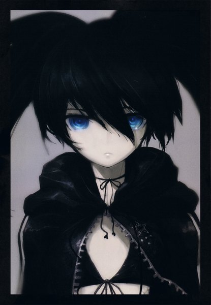 Anime picture 1621x2345 with black rock shooter black rock shooter (character) huke single long hair tall image looking at viewer blue eyes black hair twintails scan open clothes open jacket framed girl hood bikini top