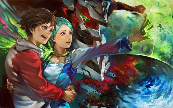 Anime picture 1920x1200 with eureka seven studio bones eureka renton thurston nirvash k-bose highres short hair smile brown hair wide image purple eyes sunlight aqua hair couple hug light girl boy hair ornament