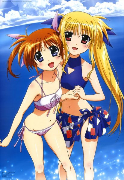 Anime picture 6068x8793 with mahou shoujo lyrical nanoha mahou shoujo lyrical nanoha strikers megami magazine fate testarossa takamachi nanoha long hair tall image highres open mouth blue eyes blonde hair red eyes twintails multiple girls absurdres orange hair official art girl 2 girls swimsuit