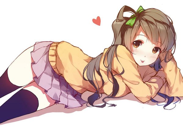 Anime picture 1024x723 with love live! school idol project sunrise (studio) love live! minami kotori caidychen single long hair looking at viewer blush simple background brown hair white background brown eyes lying zettai ryouiki one side up on side jpeg artifacts girl thighhighs