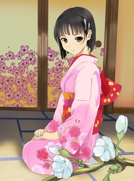 Anime picture 980x1324 with sword art online a-1 pictures kirigaya suguha yewang20 yewang19 single tall image looking at viewer blush fringe short hair black hair sitting traditional clothes japanese clothes light smile black eyes floral print seiza girl