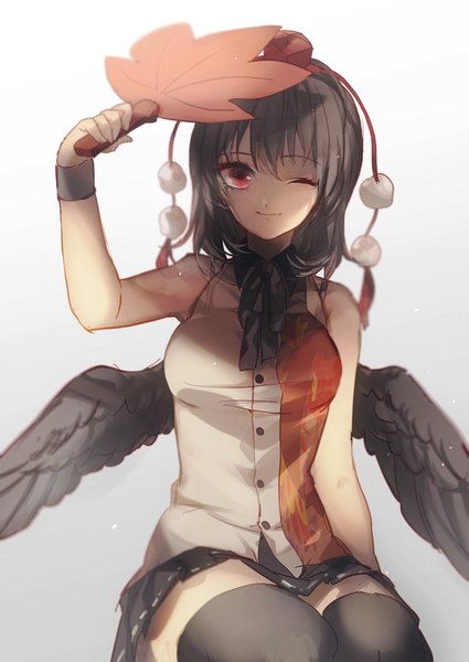 Anime picture 1200x1693 with touhou shameimaru aya no-kan single tall image looking at viewer fringe short hair black hair red eyes sitting bare shoulders one eye closed light smile wink zettai ryouiki gradient background black wings adapted costume girl