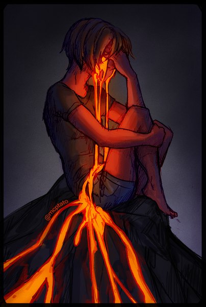 Anime picture 674x1000 with original mcptato single tall image short hair brown hair sitting signed full body tears black background crying hand on face leg hug lava volcano girl shorts t-shirt