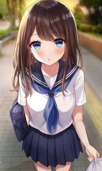 Anime picture 2022x3383 with original parum39 single long hair tall image looking at viewer blush fringe highres open mouth blue eyes brown hair standing outdoors pleated skirt blurry short sleeves depth of field girl skirt
