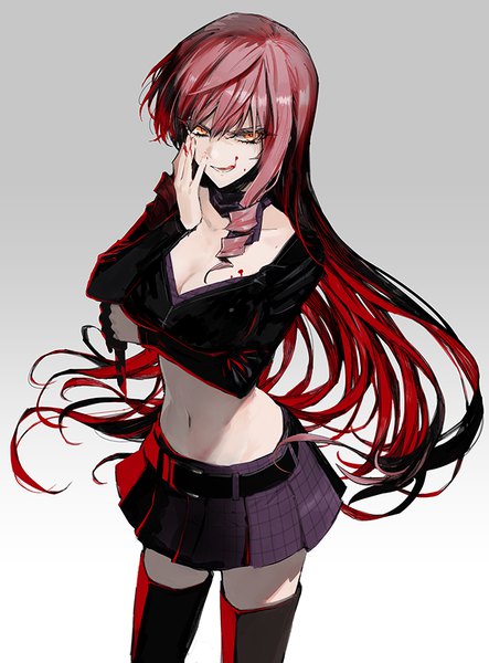 Anime picture 665x900 with akuma no riddle inukai isuke minakata sunao single long hair tall image fringe breasts light erotic simple background smile large breasts standing looking away cleavage red hair pleated skirt grey background official art shadow