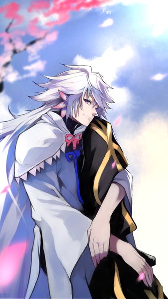 Anime picture 842x1500 with fate (series) fate/grand order merlin (fate) yoshio (55level) single long hair tall image looking at viewer purple eyes sky silver hair profile cherry blossoms leg hug boy petals