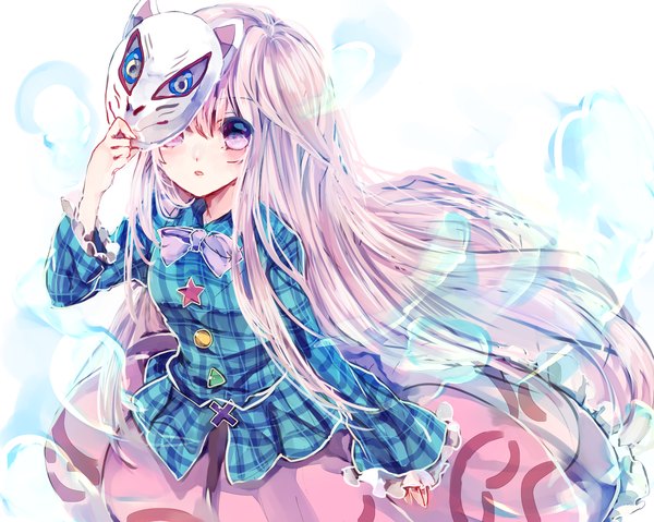 Anime picture 1815x1450 with touhou hata no kokoro gingetsu ringo single long hair looking at viewer highres open mouth purple eyes purple hair long sleeves wide sleeves expressionless mask on head girl skirt bow ribbon (ribbons) mask fox mask