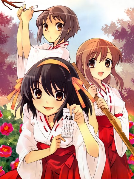 Anime picture 4081x5449 with suzumiya haruhi no yuutsu kyoto animation suzumiya haruhi nagato yuki asahina mikuru itou noiji long hair tall image looking at viewer highres short hair open mouth smile brown hair multiple girls holding brown eyes yellow eyes absurdres traditional clothes