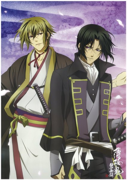 Anime picture 1131x1600 with hakuouki shinsengumi kitan studio deen hijikata toshizou (hakuouki) chikage kazama tall image short hair black hair brown hair purple eyes traditional clothes framed boy weapon petals sword belt katana