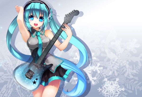 Anime picture 1200x823 with vocaloid hatsune miku single long hair open mouth twintails aqua eyes aqua hair sleeveless girl necktie musical instrument guitar