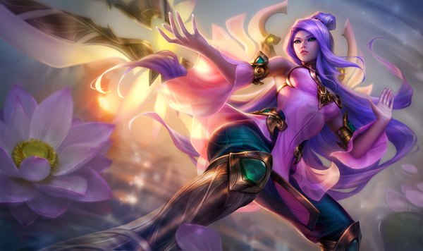 Anime picture 1750x1040 with league of legends irelia (league of legends) michelle hoefener single long hair highres wide image green eyes purple hair lips realistic official art from below fighting stance girl flower (flowers) weapon detached sleeves clothes