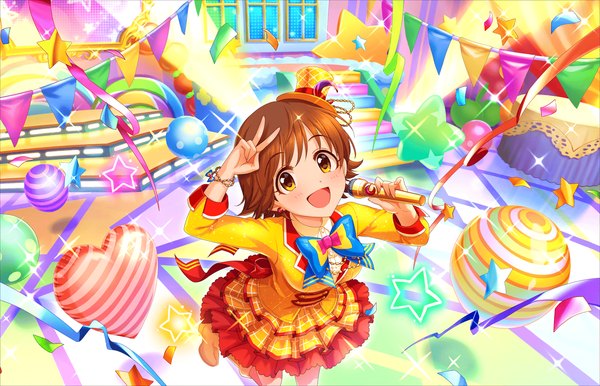 Anime picture 1280x824 with idolmaster idolmaster cinderella girls honda mio single looking at viewer blush short hair open mouth brown hair yellow eyes girl dress ribbon (ribbons) hat star (symbol) mini hat mini top hat confetti string of flags