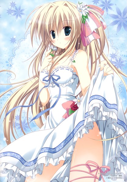 Anime picture 2432x3488 with original korie riko single long hair tall image looking at viewer blush highres blue eyes blonde hair bare shoulders scan girl dress flower (flowers) bow hair bow