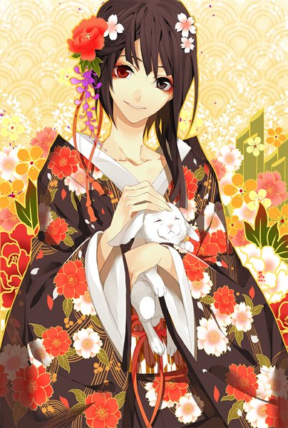 Anime picture 800x1187 with original izumi (nagashi) single long hair tall image looking at viewer fringe short hair black hair smile traditional clothes japanese clothes hair flower heterochromia asymmetrical hair girl hair ornament flower (flowers) animal kimono