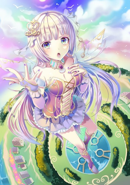 Anime picture 800x1137 with original okutani toro single long hair tall image blush fringe open mouth blue eyes bare shoulders sky cloud (clouds) white hair nail polish from above sunlight lacing sunbeam girl skirt