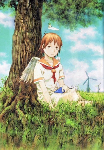 Anime picture 2368x3400 with haibane renmei rakka (haibane) abe yoshitoshi single tall image highres short hair brown hair brown eyes cloud (clouds) girl plant (plants) wings tree (trees) insect butterfly halo grass