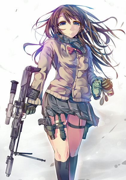 Anime picture 701x1000 with original daito (daito369) single long hair tall image looking at viewer blue eyes brown hair pleated skirt wind weightlessness trigger discipline girl skirt uniform hair ornament weapon school uniform socks hairclip