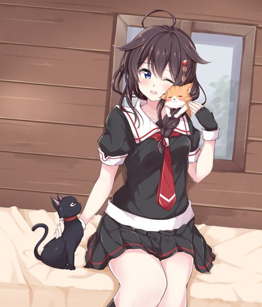 Anime picture 700x820 with kantai collection shigure destroyer jiino single long hair tall image looking at viewer blush open mouth blue eyes black hair sitting braid (braids) one eye closed wink remodel (kantai collection) girl skirt miniskirt animal