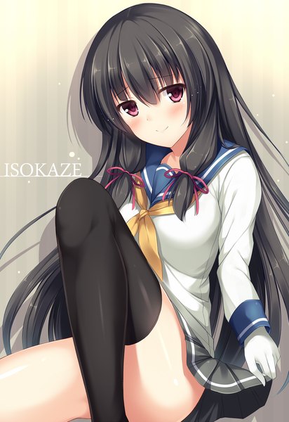 Anime picture 1406x2046 with kantai collection isokaze destroyer tomoo (tomo) single long hair tall image looking at viewer blush black hair smile red eyes tress ribbon girl thighhighs ribbon (ribbons) black thighhighs hair ribbon sailor suit