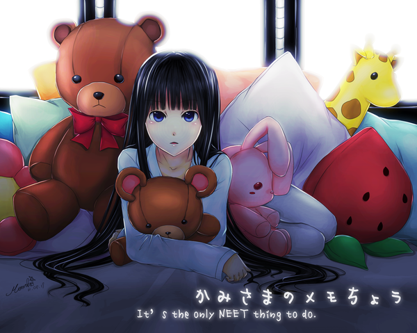 Anime picture 2247x1796 with kamisama no memochou shionji yuuko (alice) long hair highres blue eyes black hair inscription girl pillow toy stuffed animal teddy bear