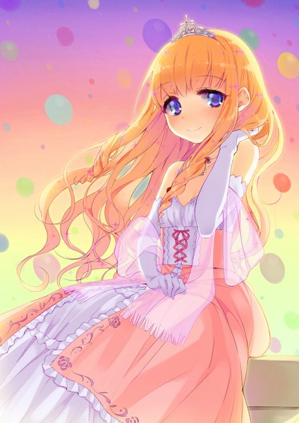 Anime picture 650x919 with amagi brilliant park kyoto animation latifa fleuranza hym9594 single long hair tall image looking at viewer blush fringe blue eyes blonde hair smile sitting bare shoulders drill hair girl dress gloves elbow gloves