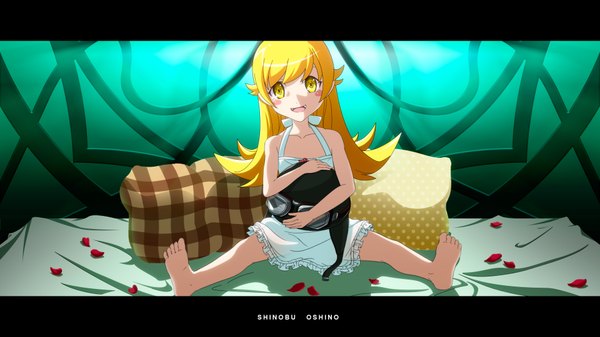 Anime picture 1920x1080 with bakemonogatari shaft (studio) monogatari (series) oshino shinobu single long hair blush highres open mouth blonde hair wide image bare shoulders yellow eyes barefoot teeth loli fang (fangs) girl petals pillow