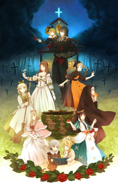 Anime picture 1200x1867 with sound horizon tagme (character) long hair tall image multiple girls 6+ girls carrying 9 girls girl dress boy plant (plants) rose (roses) book (books) leaf (leaves) apron cross broom church robe