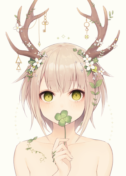 Anime picture 858x1200 with original muryotaro single tall image looking at viewer fringe short hair light erotic simple background brown hair white background bare shoulders holding green eyes upper body hair flower horn (horns) covered mouth antlers girl