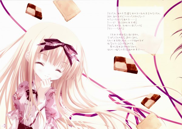 Anime picture 1400x997 with tinker bell single blonde hair smile eyes closed very long hair text ^ ^ lolita fashion checkerboard cookie girl ribbon (ribbons) food sweets cookie (cookies)