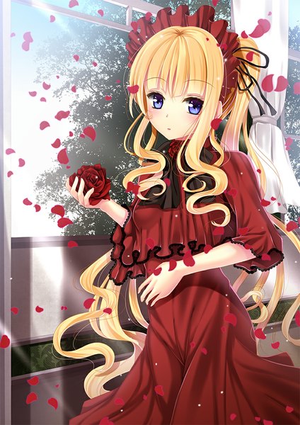 Anime picture 778x1100 with rozen maiden shinku toshi (1-147) long hair tall image looking at viewer blue eyes blonde hair girl dress flower (flowers) petals headdress rose (roses) red rose