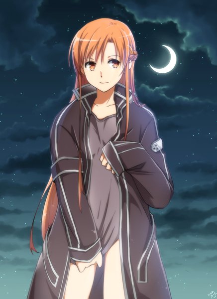Anime picture 800x1100 with sword art online a-1 pictures yuuki asuna kiatsu single long hair tall image light erotic brown hair brown eyes signed looking away braid (braids) light smile sleeves past wrists side braid covering crescent girl moon