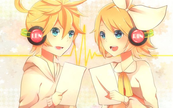 Anime picture 1500x937 with vocaloid kagamine rin kagamine len achiki short hair open mouth blue eyes blonde hair wide image twins singing girl boy bow hair bow headphones paper