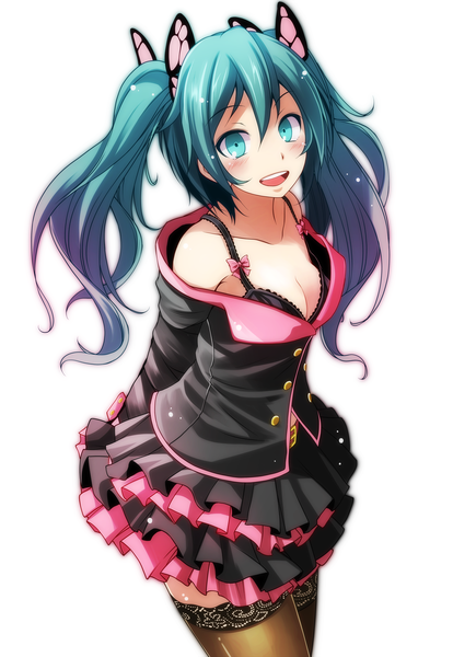 Anime picture 1796x2600 with project diva project diva f vocaloid sweet devil (vocaloid) hatsune miku tsukishiro saika single long hair tall image looking at viewer blush fringe highres breasts open mouth light erotic simple background smile hair between eyes standing