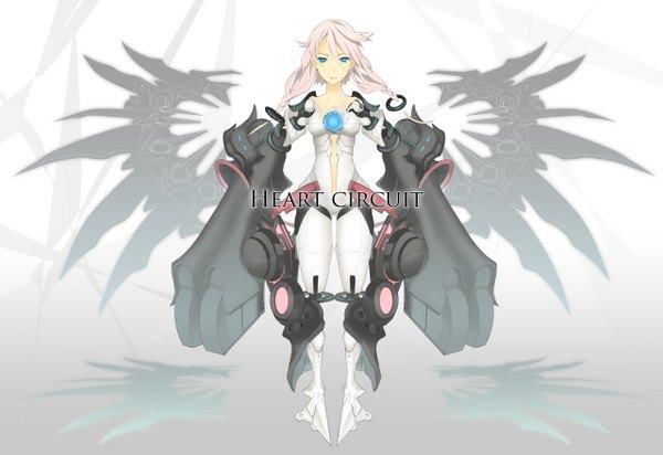 Anime picture 1280x880 with kgr single long hair looking at viewer blue eyes pink hair inscription mechanical mecha musume mechanical wings mechanical parts girl