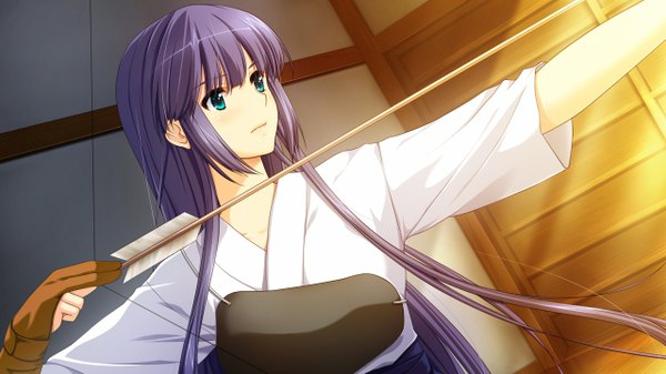 Anime picture 1280x720 with gakuen taima! holy x moly (game) long hair blue eyes wide image blue hair game cg girl bow (weapon)