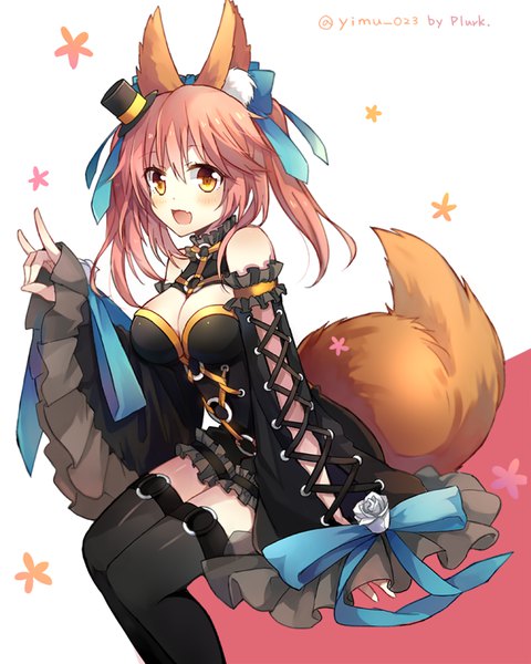 Anime picture 650x812 with fate (series) fate/extra tamamo (fate) (all) tamamo no mae (fate) yimu single long hair tall image blush fringe breasts open mouth hair between eyes large breasts white background sitting twintails brown eyes signed animal ears