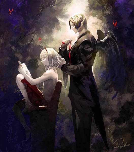 Anime picture 800x909 with original tajima yukie long hair tall image short hair black hair smile sitting signed bent knee (knees) white hair profile horn (horns) pointy ears multiple boys adjusting hair black wings white skin reading butler