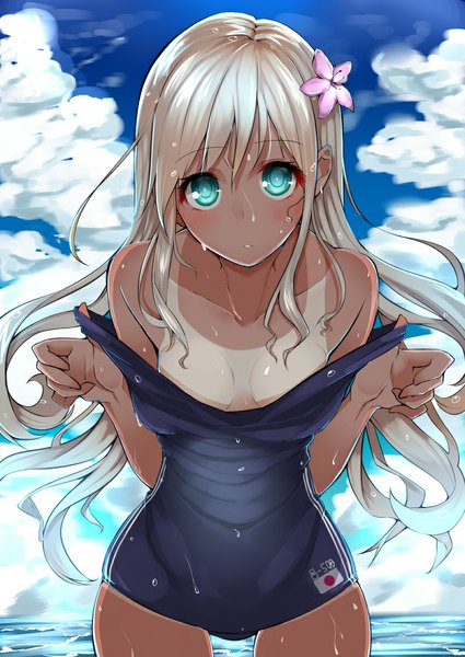 Anime picture 800x1129 with kantai collection ro-500 submarine u-511 submarine mikan (chipstar182) single long hair tall image blush blue eyes light erotic standing sky cloud (clouds) white hair hair flower wet leaning leaning forward wet clothes tan