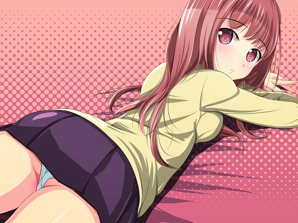 Anime picture 1067x800 with original matsunaga kouyou single long hair looking at viewer light erotic pink hair pink eyes pantyshot girl skirt underwear panties