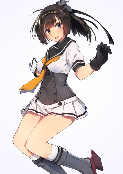 Anime picture 1000x1412 with kantai collection akizuki destroyer soukou makura single long hair tall image blush fringe open mouth simple background brown hair looking away ahoge bent knee (knees) ponytail black eyes spread arms girl gloves uniform