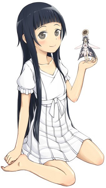 Anime picture 680x1200 with sword art online a-1 pictures yui (sao) kimagure blue single long hair tall image blush fringe black hair simple background smile white background sitting holding barefoot bare legs grey eyes wariza girl