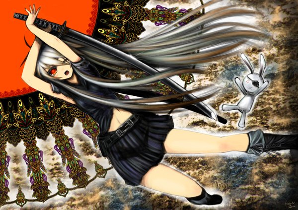 Anime picture 3000x2118 with original kotoba noriaki single long hair highres open mouth red eyes white hair one eye closed wink girl skirt navel weapon miniskirt shirt sword boots katana