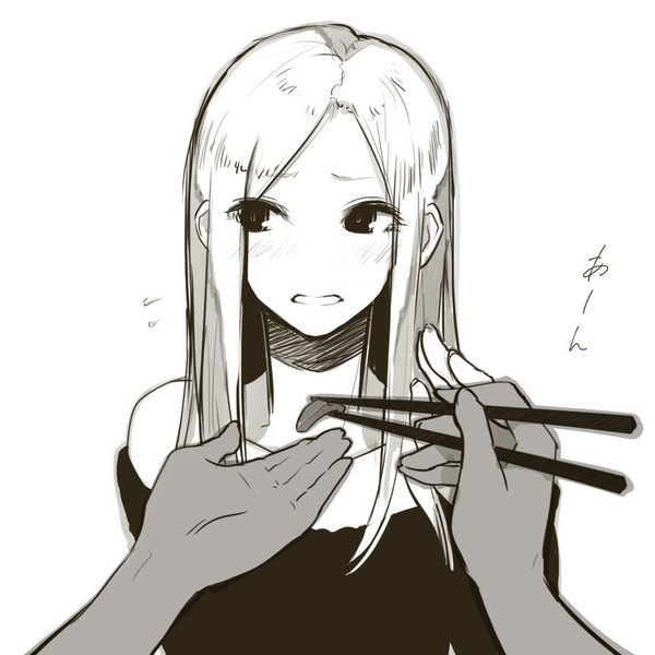 Anime picture 1000x1000 with original poaro single long hair white background looking away embarrassed hieroglyph monochrome eating girl food hands chopsticks