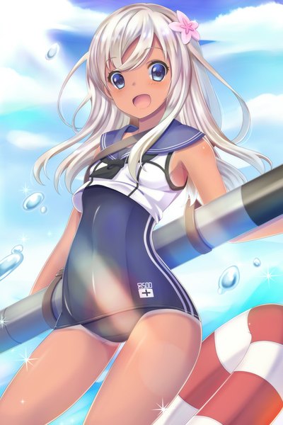 Anime picture 600x900 with kantai collection ro-500 submarine yuzu-aki single long hair tall image looking at viewer blush open mouth blue eyes white hair girl hair ornament swimsuit sailor suit