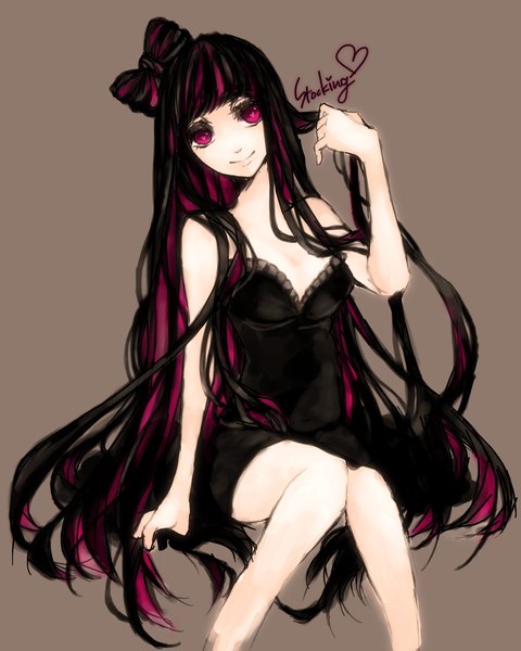 Anime picture 1600x2000 with panty & stocking with garterbelt anarchy stocking single tall image looking at viewer smile sitting bare shoulders very long hair pink eyes multicolored hair inscription bare legs streaked hair lolita fashion goth-loli gothic emo girl dress