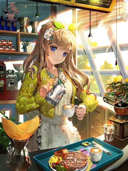 Anime picture 650x866 with furyou michi ~gang road~ tob single long hair tall image blush fringe blue eyes blonde hair standing holding head tilt hair flower light smile sunlight inscription open clothes open jacket looking down polka dot