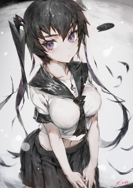 Anime picture 935x1323 with original hxxg single long hair tall image looking at viewer fringe breasts black hair hair between eyes large breasts purple eyes twintails signed pleated skirt grey background eyebrows girl skirt uniform