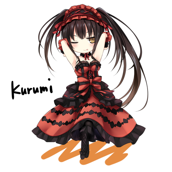 Anime picture 1000x1000 with date a live tokisaki kurumi kaguyuu single long hair blush black hair simple background white background twintails yellow eyes one eye closed wink :p chibi lolita fashion uneven twintails girl dress detached sleeves