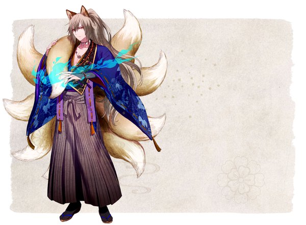 Anime picture 1133x835 with yuugen romantica rejet zakuro (yuugen romantica) tayuya1130 single long hair brown hair brown eyes animal ears ponytail tail traditional clothes japanese clothes animal tail official art fox ears glowing fox tail multiple tails fox boy