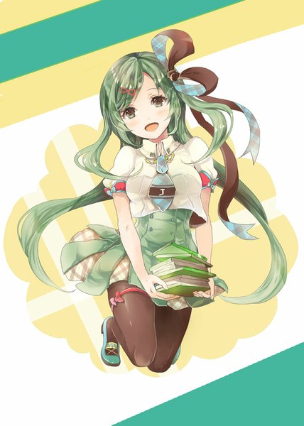 Anime picture 713x1000 with original sakuragi kei single long hair tall image looking at viewer blush open mouth twintails green hair short sleeves grey eyes jumping yellow background carrying girl dress bow ribbon (ribbons) hair bow